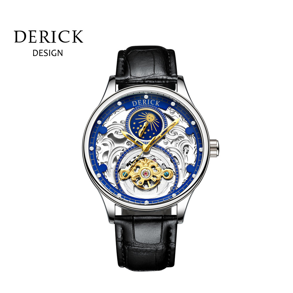 義大利品牌 德理克 DERICK精緻雕花簍空自動上鍊機械紺青面皮帶腕錶