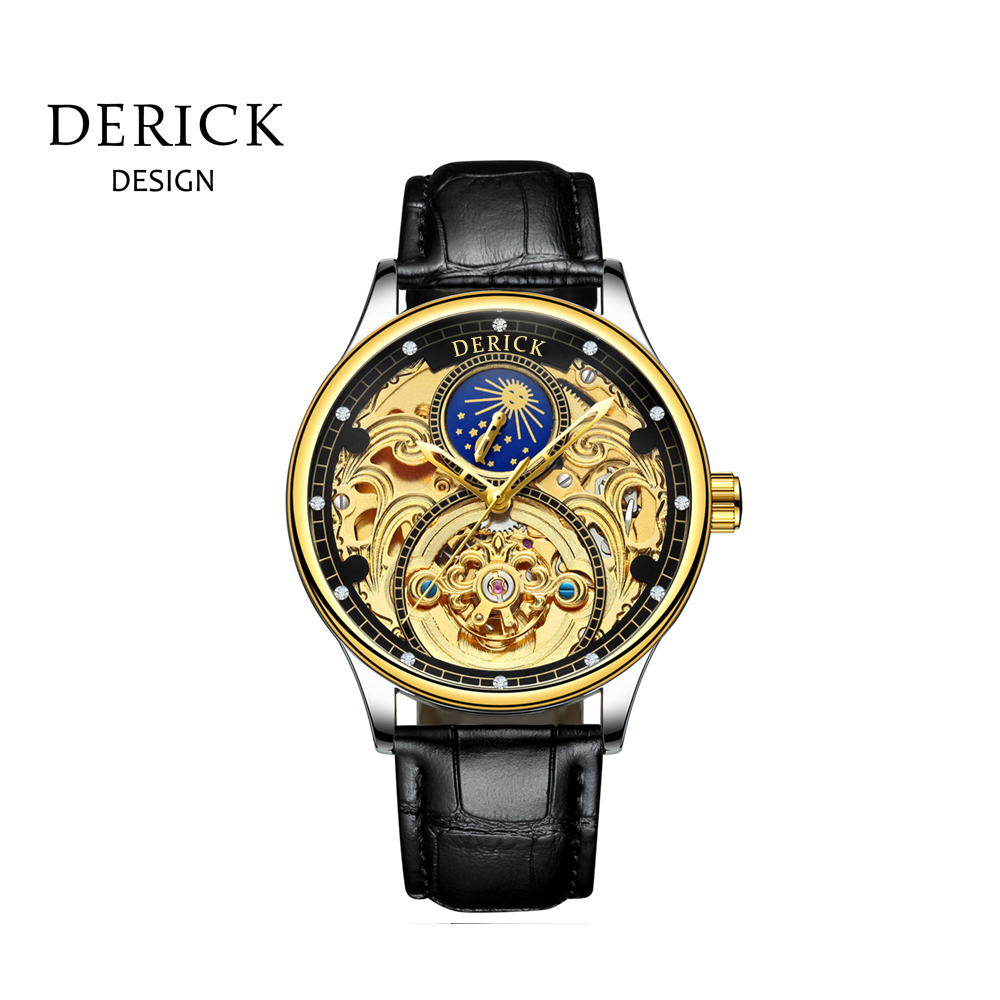 義大利品牌 德理克 DERICK精緻雕花簍空自動上鍊機械寶石金面皮帶腕錶