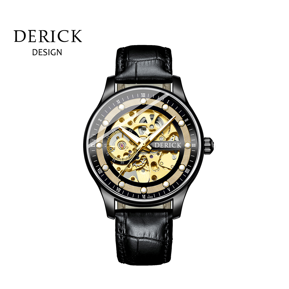 義大利品牌 德理克 DERICK永恆經典簍空自動上鍊機械燦光金皮帶腕錶