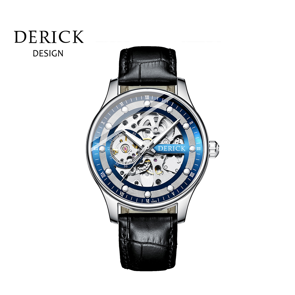 義大利品牌 德理克 DERICK永恆經典簍空自動上鍊機械蔚藍皮帶腕錶