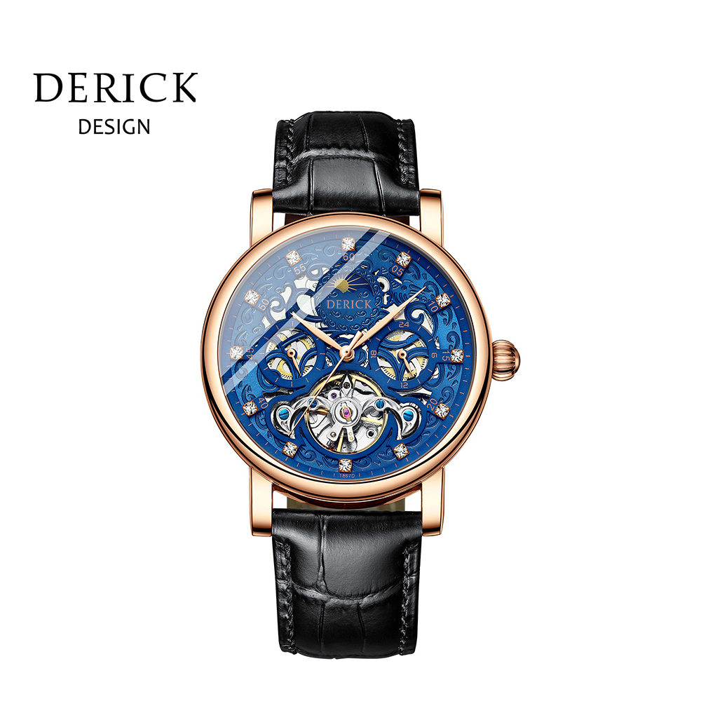 義大利品牌 德理克 DERICK雕刻簍空日月星辰自動上鍊機械玫藍皮腕錶