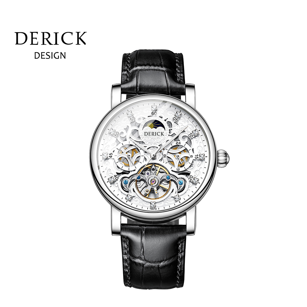 義大利品牌 德理克 DERICK雕刻簍空日月星辰自動上鍊機械銀白皮腕錶