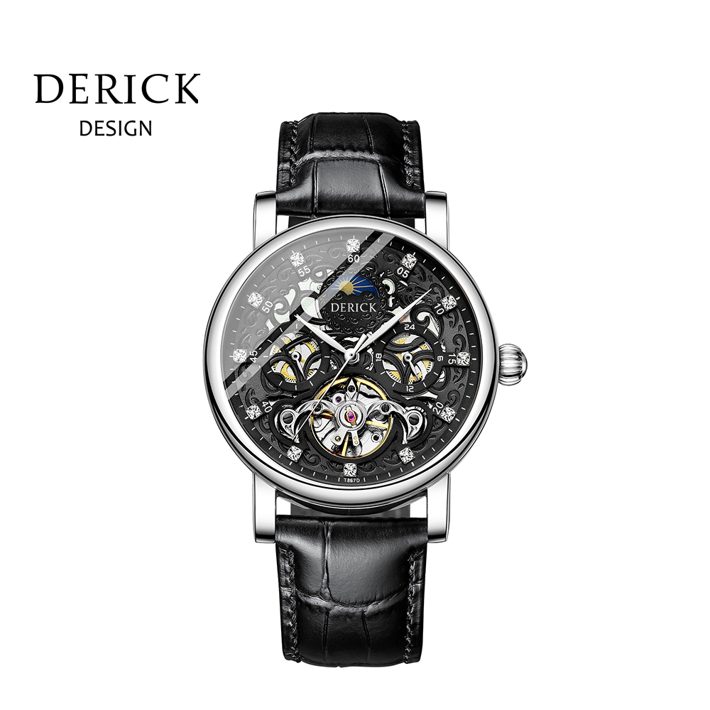 義大利品牌 德理克 DERICK雕刻簍空日月星辰自動上鍊機械銀黑皮腕錶