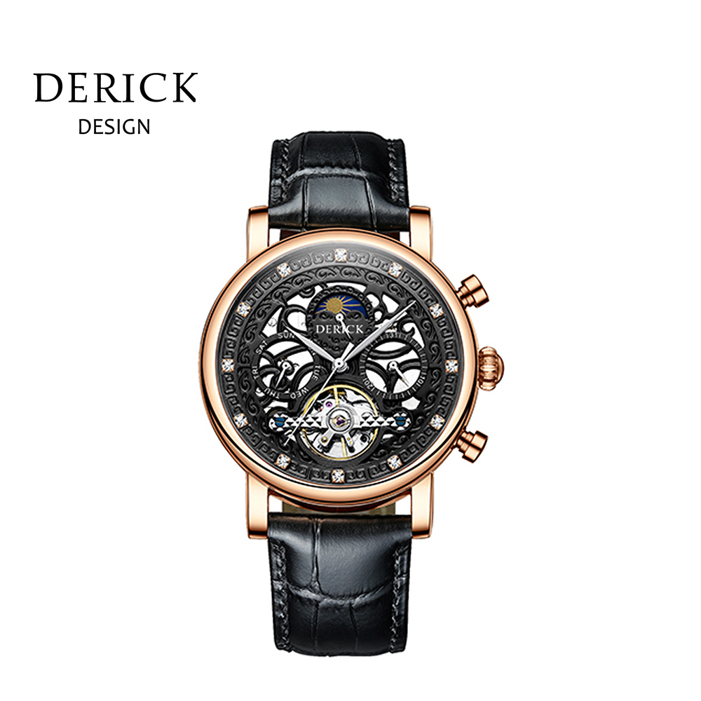 義大利品牌 德理克 DERICK復古雕花日月星辰自動上鍊機械玫黑皮腕錶