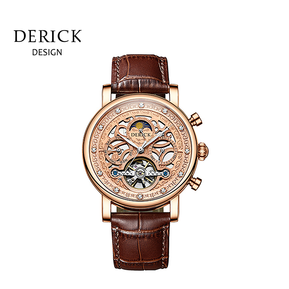 義大利品牌 德理克 DERICK復古雕花日月星辰自動上鍊機械玫玫皮腕錶