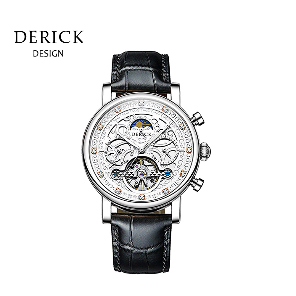 義大利品牌 德理克 DERICK復古雕花日月星辰自動上鍊機械銀銀皮腕錶