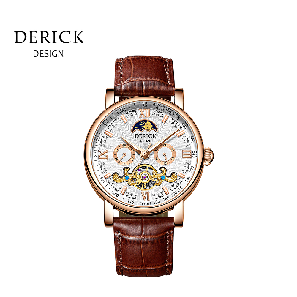 義大利品牌 德理克 DERICK數字刻度日月星辰自動上鍊機械玫白皮腕錶