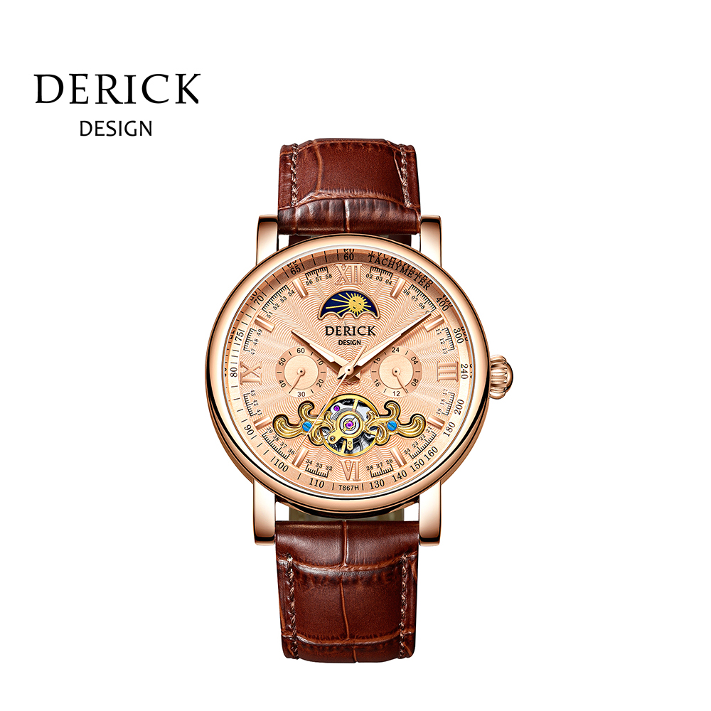 義大利品牌 德理克 DERICK數字刻度日月星辰自動上鍊機械玫玫皮腕錶