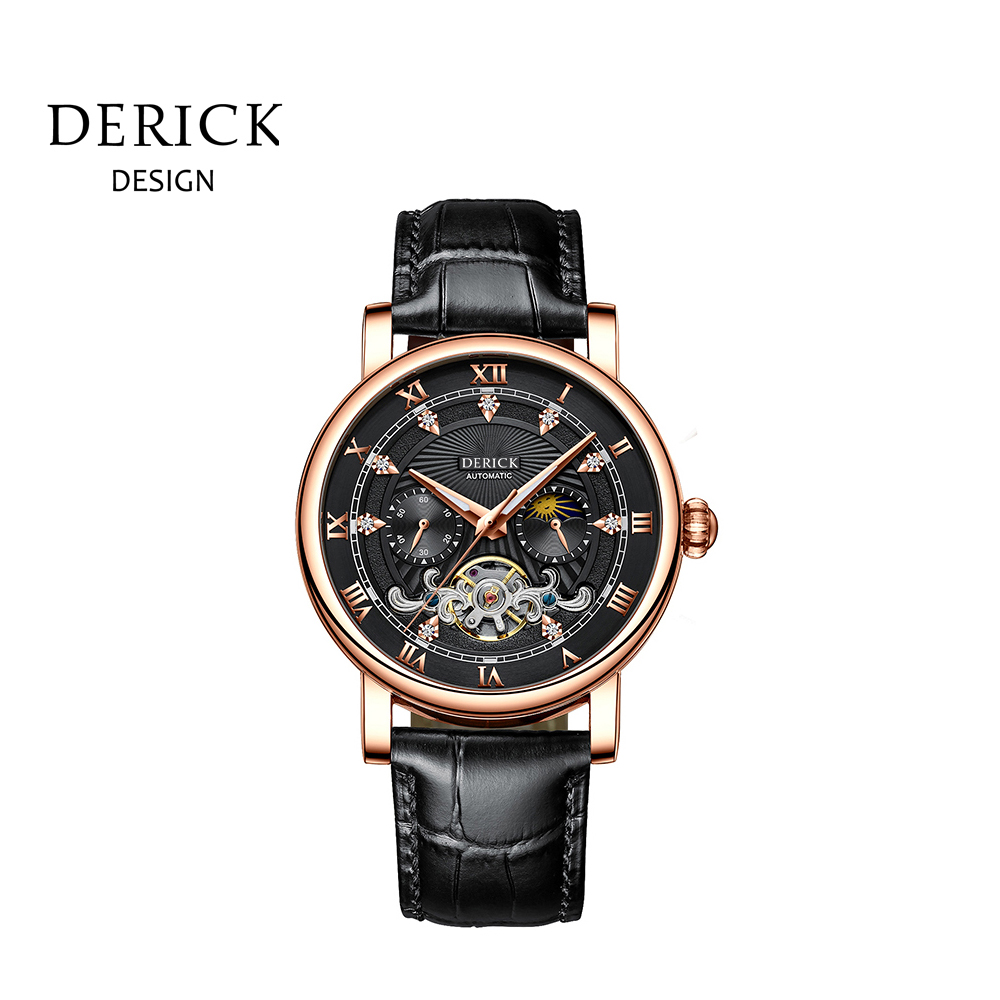 義大利品牌 德理克 DERICK簡約線條日月星辰自動上鍊機械玫黑皮腕錶