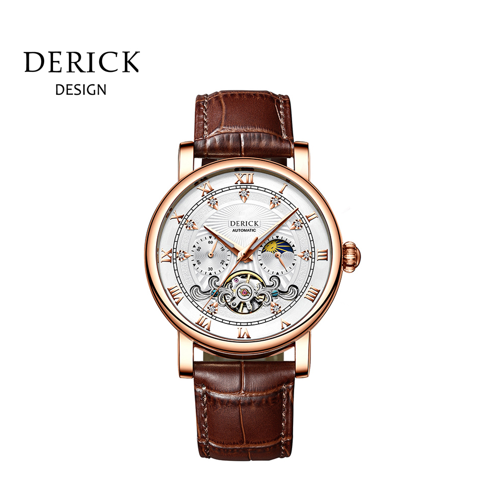 義大利品牌 德理克 DERICK簡約線條日月星辰自動上鍊機械玫白皮腕錶