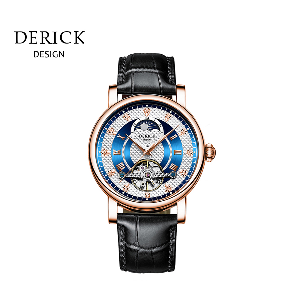 義大利品牌 德理克 DERICK經典菱格日月星辰自動上鍊機械玫藍皮腕錶