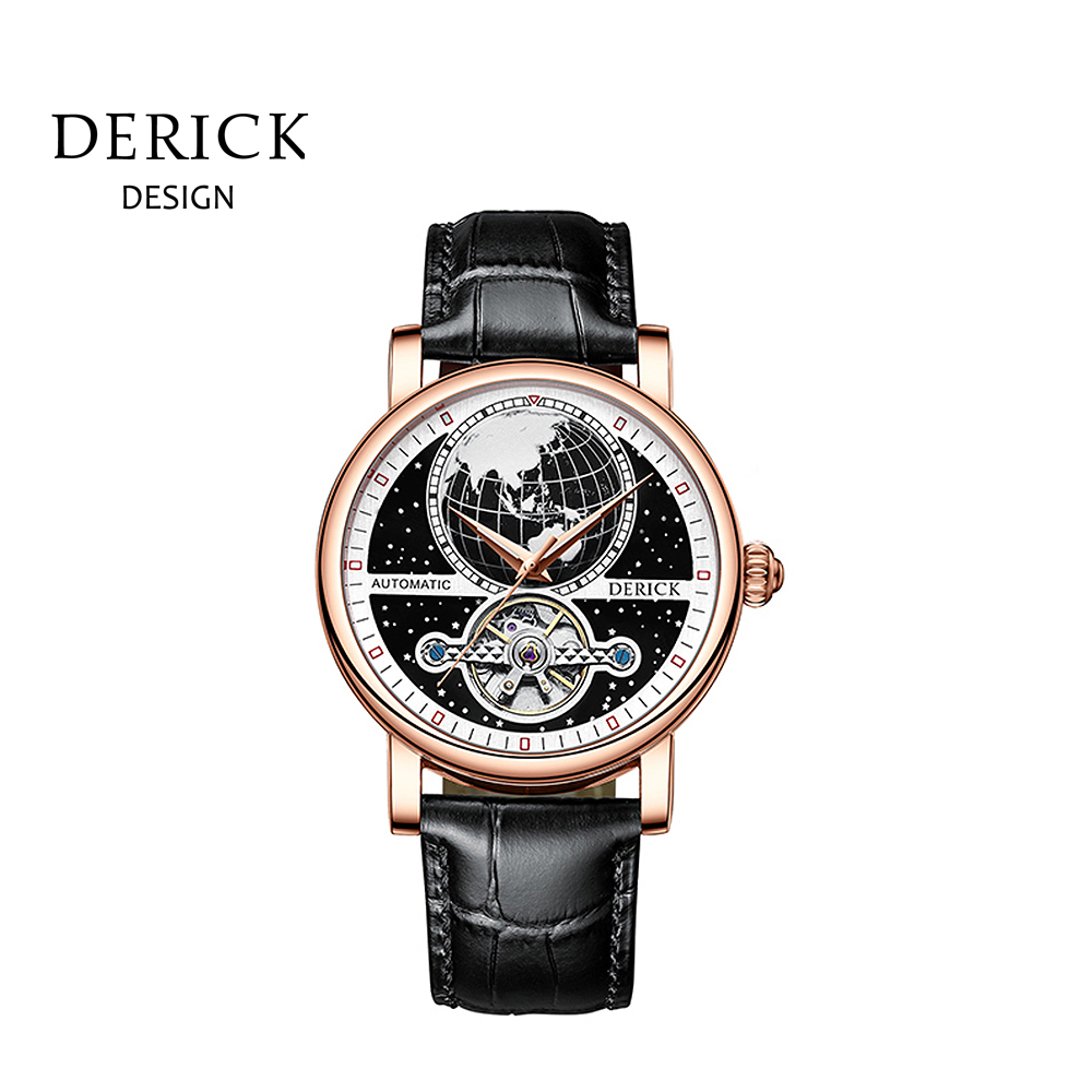 義大利品牌 德理克 DERICK北斗星移日月星辰自動上鍊機械玫黑皮腕錶