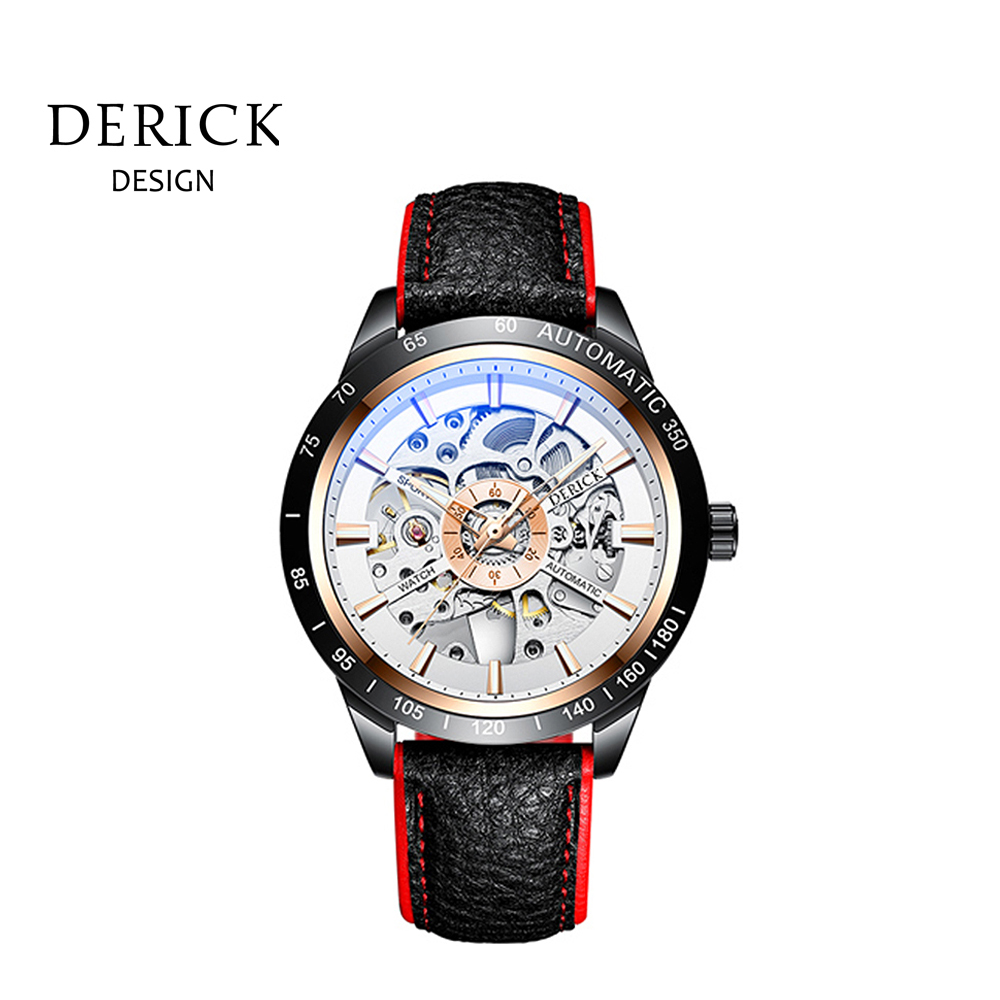 義大利品牌 德理克 DERICK中心簍空自動上鍊機械黑白皮腕錶