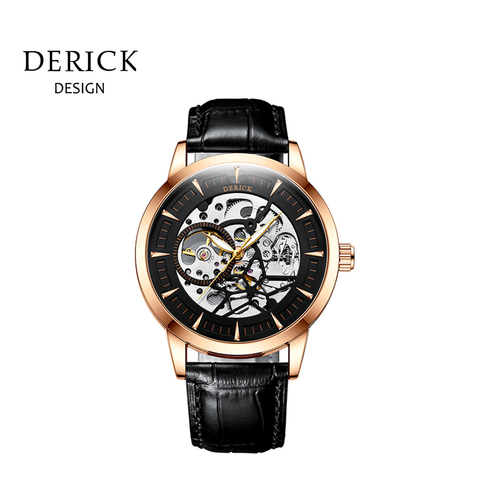 義大利品牌 德理克 DERICK簡約刻度簍空自動上鍊機械玫黑皮腕錶