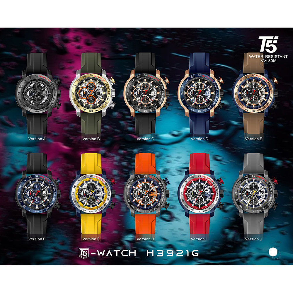 【T5】-H3921G-美國潮牌時尚流行表-雙層造型磨砂錶殼/競技場立體浮雕面板/真三眼石英-矽硅膠表帶手錶