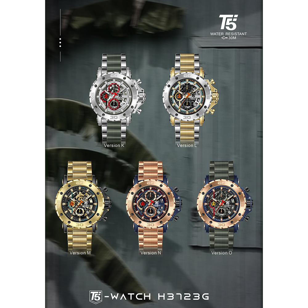 【T5】-H3723G-美國潮牌時尚流行表-厚圈口框飾螺絲造型真三眼石英-不銹鋼表帶手錶
