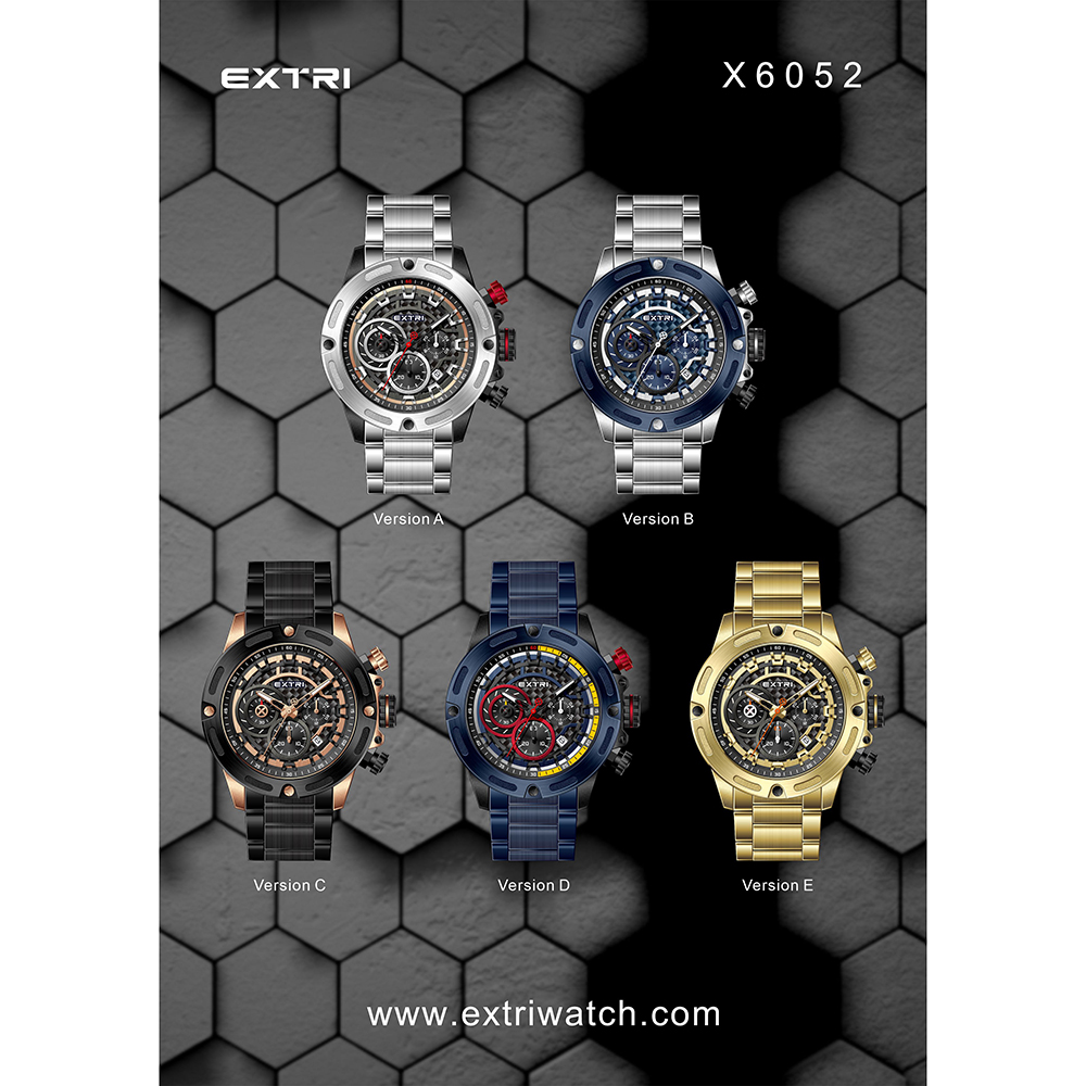 【EXTRI】-X6052-美國潮牌時尚流行表-螺絲裝飾圈框/碳纖維編織造型面板/真三眼石英-不銹鋼表帶手錶