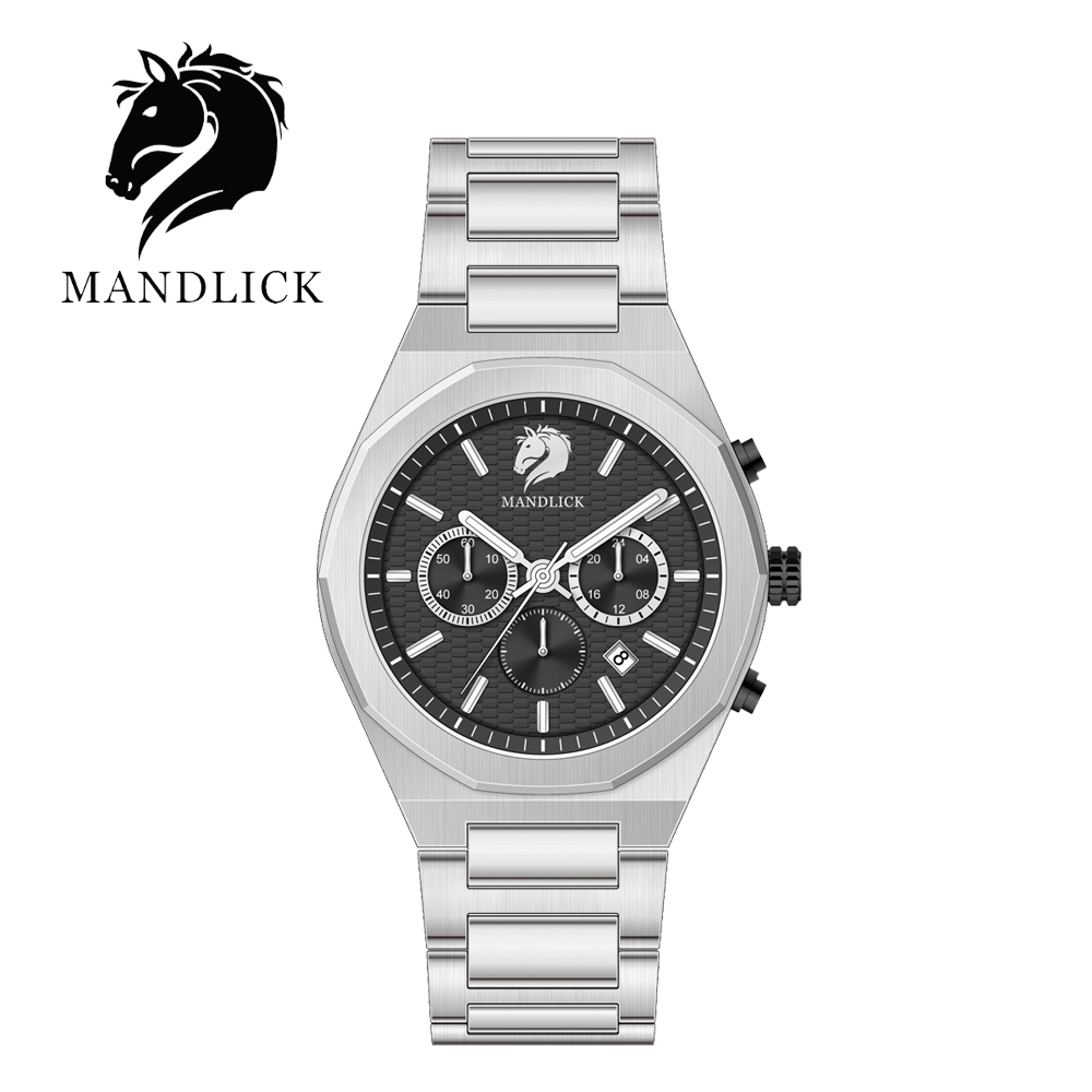 德國品牌 曼德利克MANDLICK 先鋒系列八角三眼精鋼帶男士腕錶-銀黑