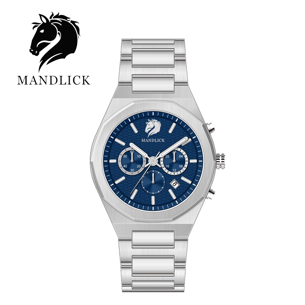 德國品牌 曼德利克MANDLICK 先鋒系列八角三眼精鋼帶男士腕錶-銀藍