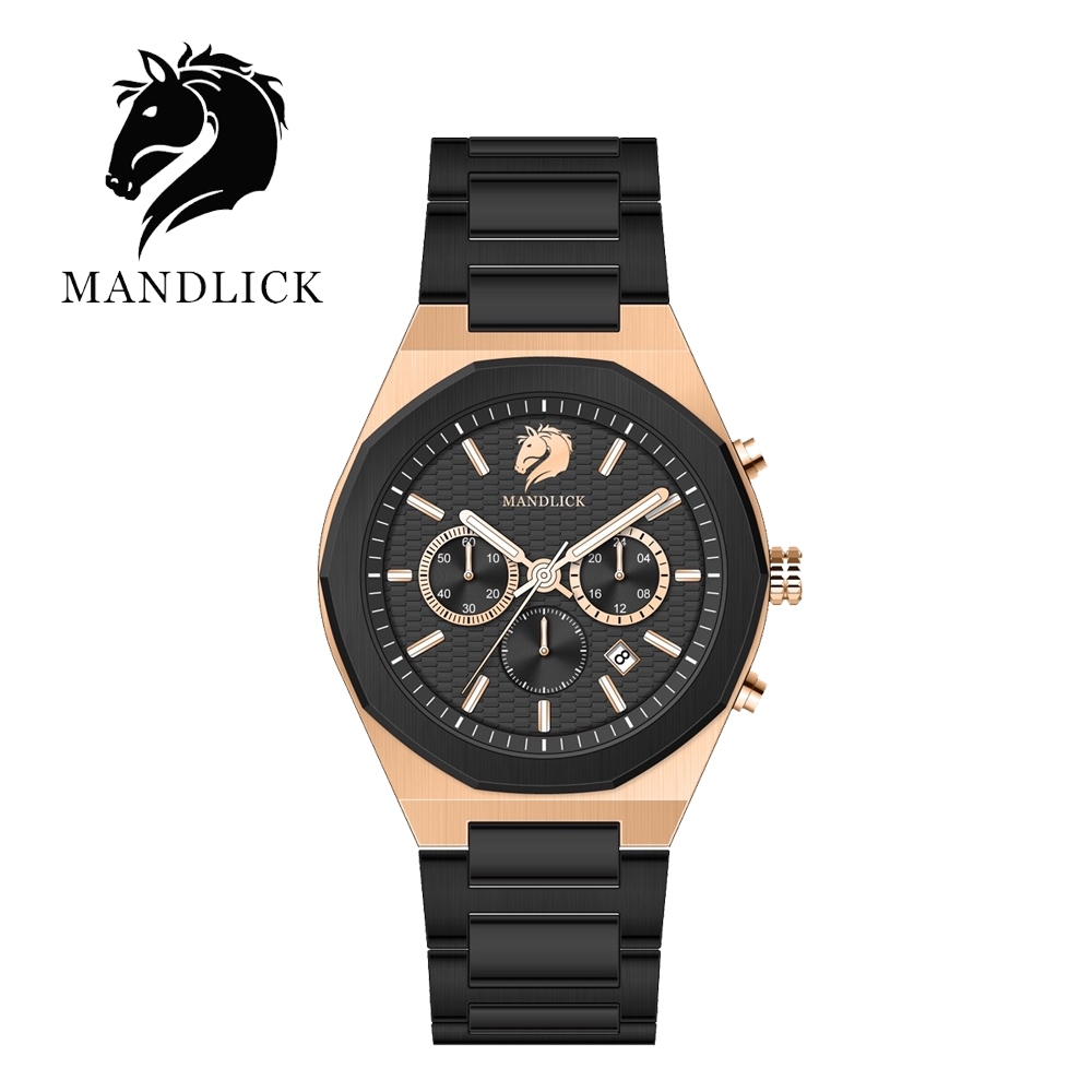 德國品牌 曼德利克MANDLICK 先鋒系列八角三眼精鋼帶男士腕錶-玫黑