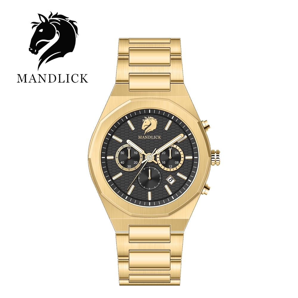 德國品牌 曼德利克MANDLICK 先鋒系列八角三眼精鋼帶男士腕錶-金黑
