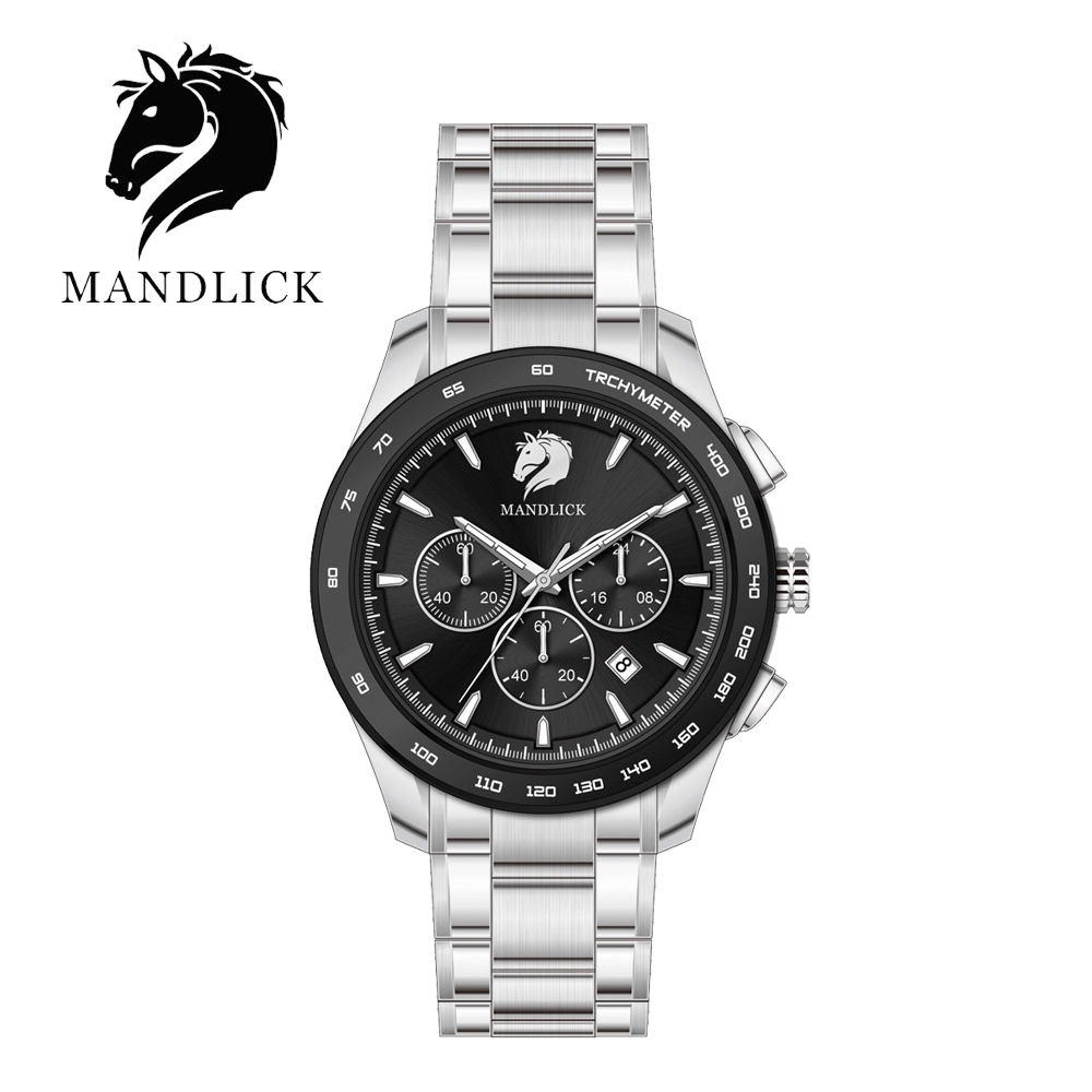 德國品牌 曼德利克MANDLICK 永恆系列水鬼三眼精鋼帶男士腕錶-銀黑