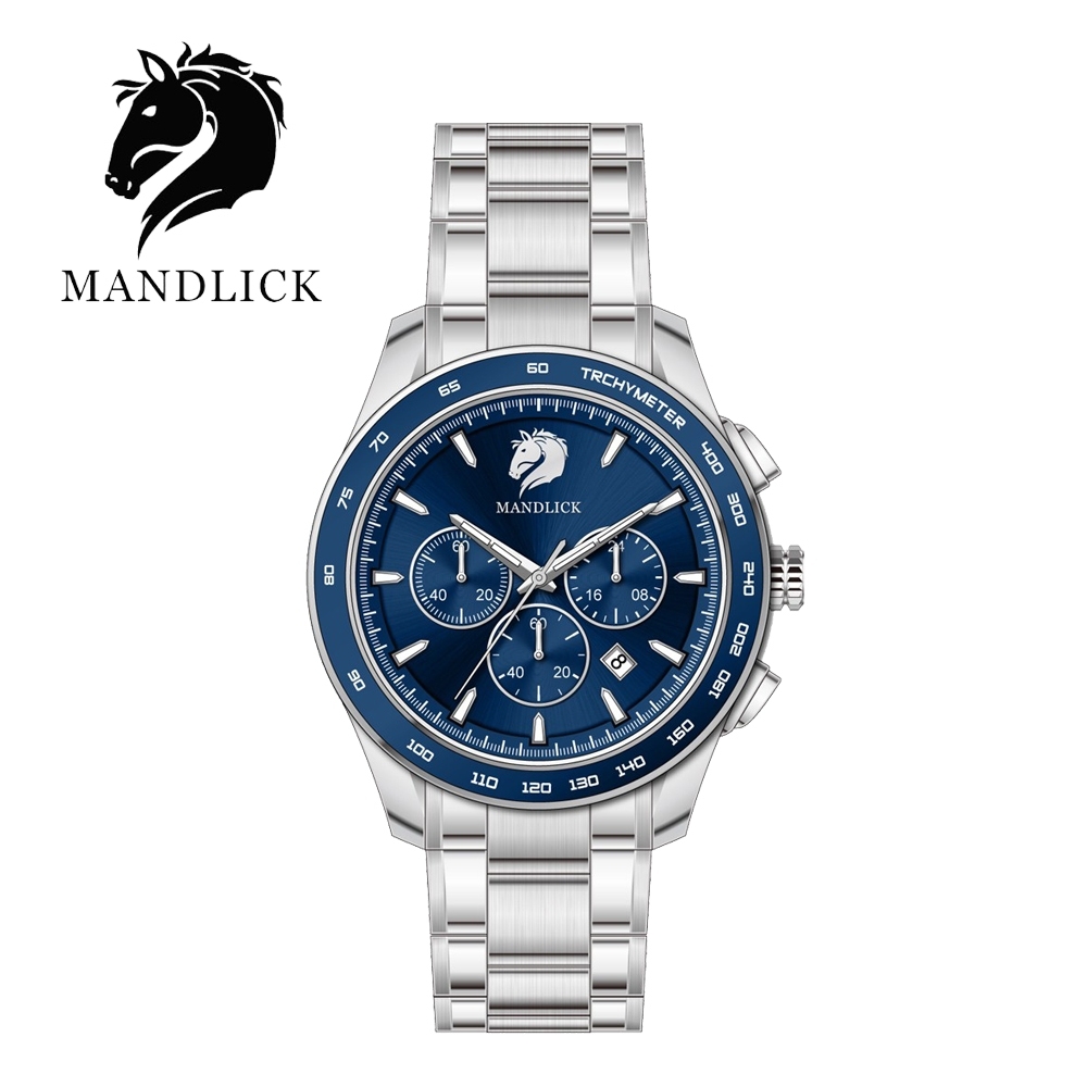 德國品牌 曼德利克MANDLICK 永恆系列水鬼三眼精鋼帶男士腕錶-銀藍