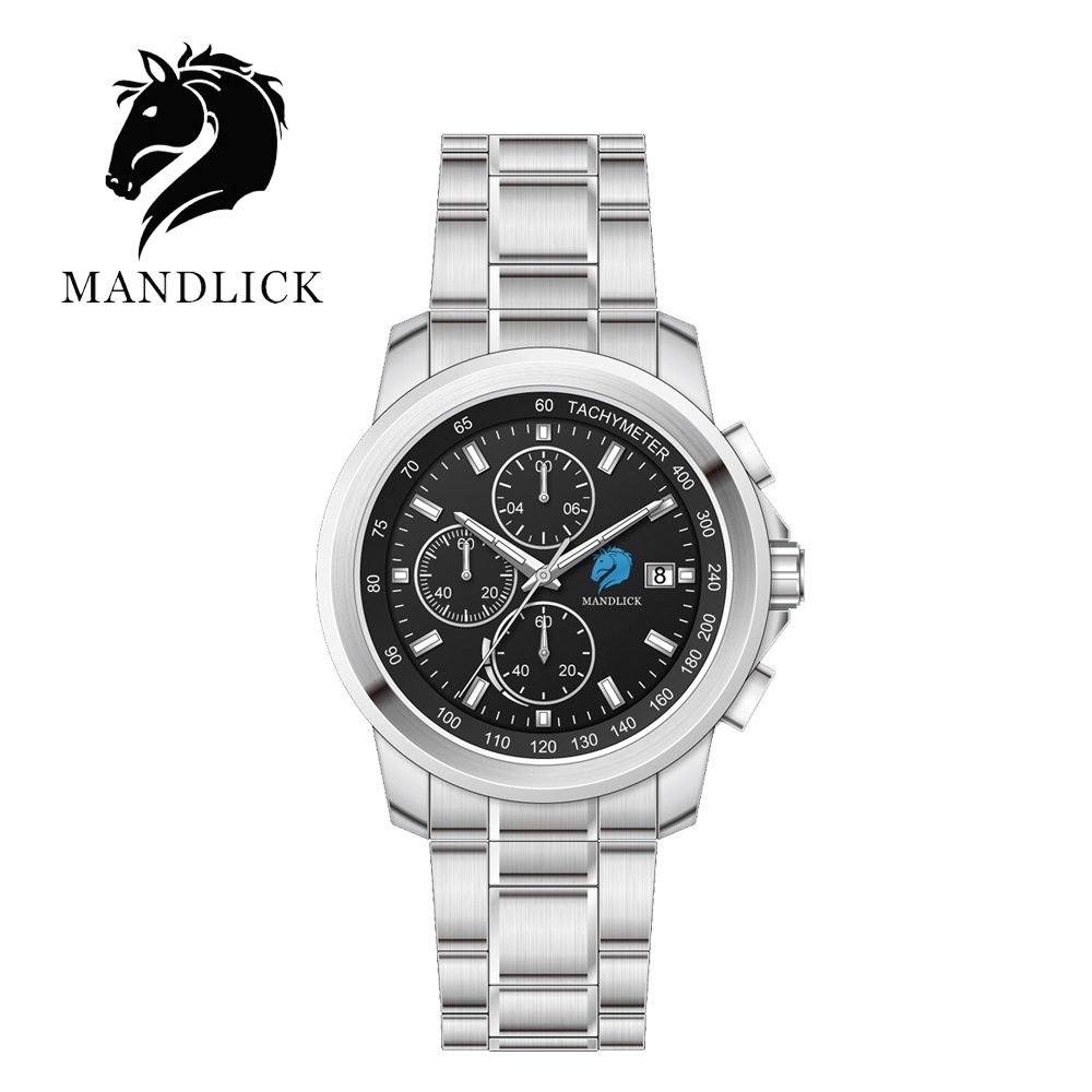德國品牌 曼德利克MANDLICK 競速系列水鬼三眼精鋼帶男士腕錶-銀黑