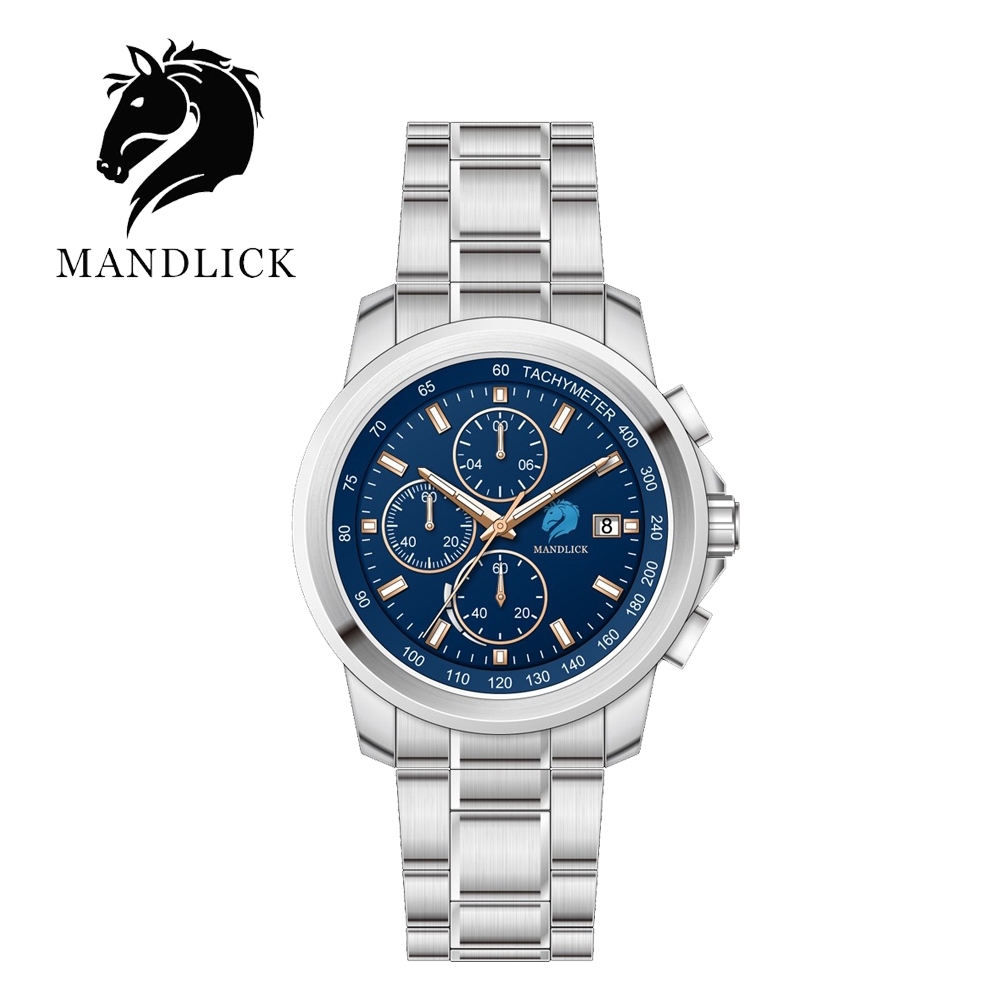 德國品牌 曼德利克MANDLICK 競速系列水鬼三眼精鋼帶男士腕錶-銀藍