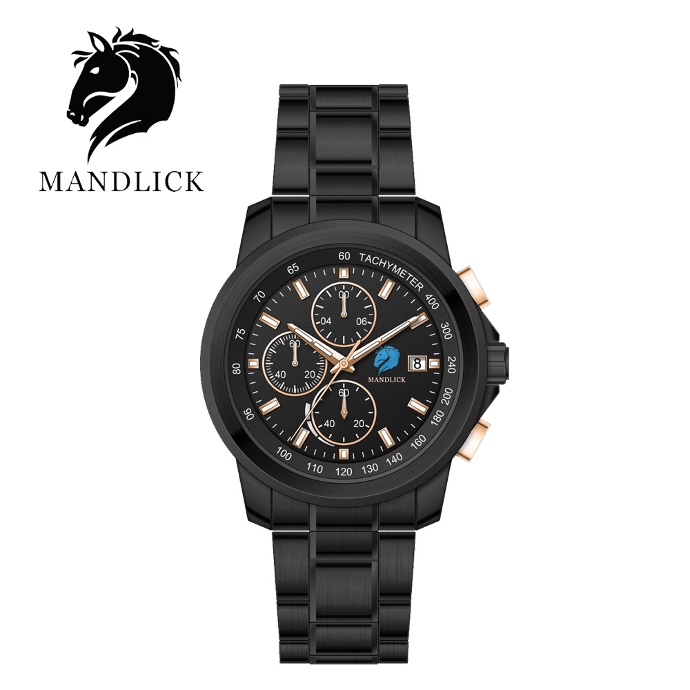 德國品牌 曼德利克MANDLICK 競速系列水鬼三眼精鋼帶男士腕錶-玫黑