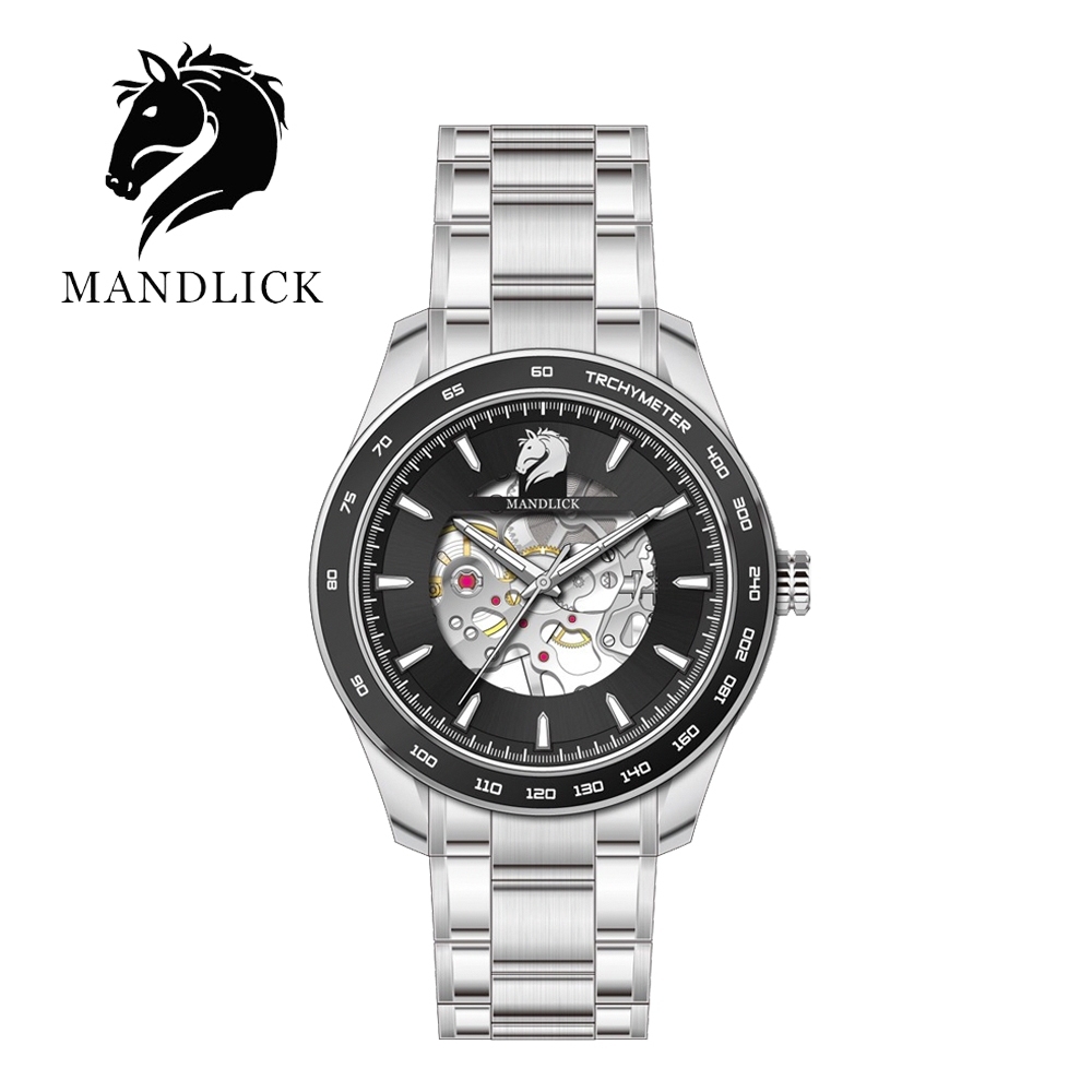 德國品牌 曼德利克MANDLICK 永恆系列水鬼簍空機械精鋼帶男士腕錶-銀黑