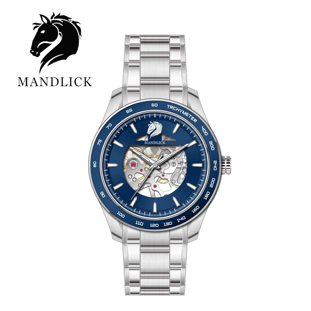 德國品牌 曼德利克MANDLICK 永恆系列水鬼簍空機械精鋼帶男士腕錶-銀藍