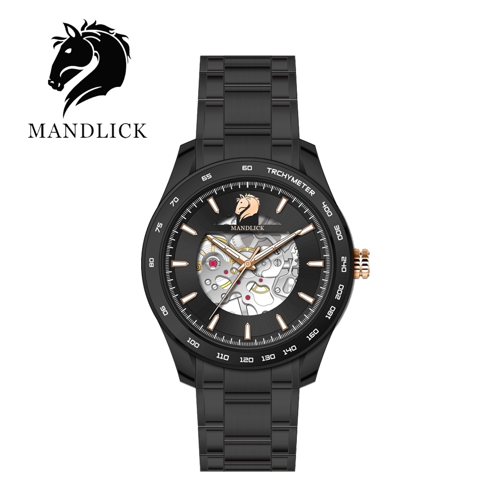德國品牌 曼德利克MANDLICK 永恆系列水鬼簍空機械精鋼帶男士腕錶-玫黑