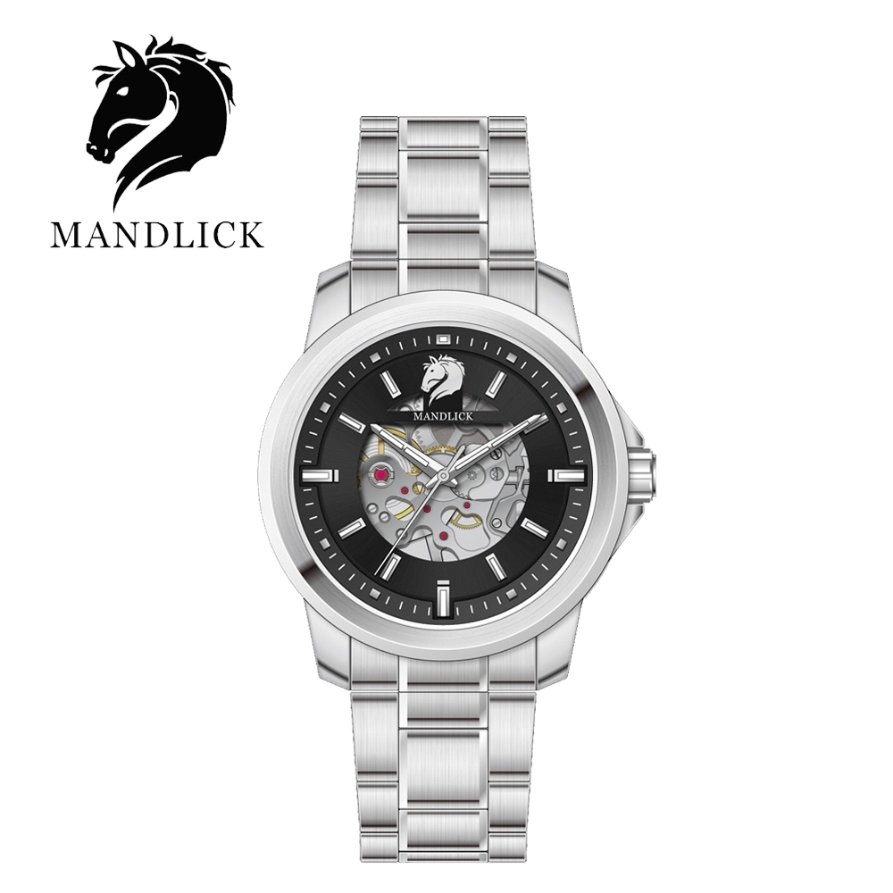 德國品牌 曼德利克MANDLICK 永恆系列簍空機械精鋼帶男士腕錶-銀黑