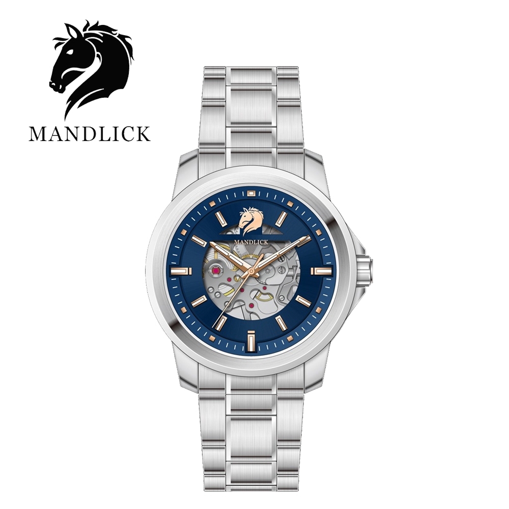 德國品牌 曼德利克MANDLICK 永恆系列簍空機械精鋼帶男士腕錶-銀藍