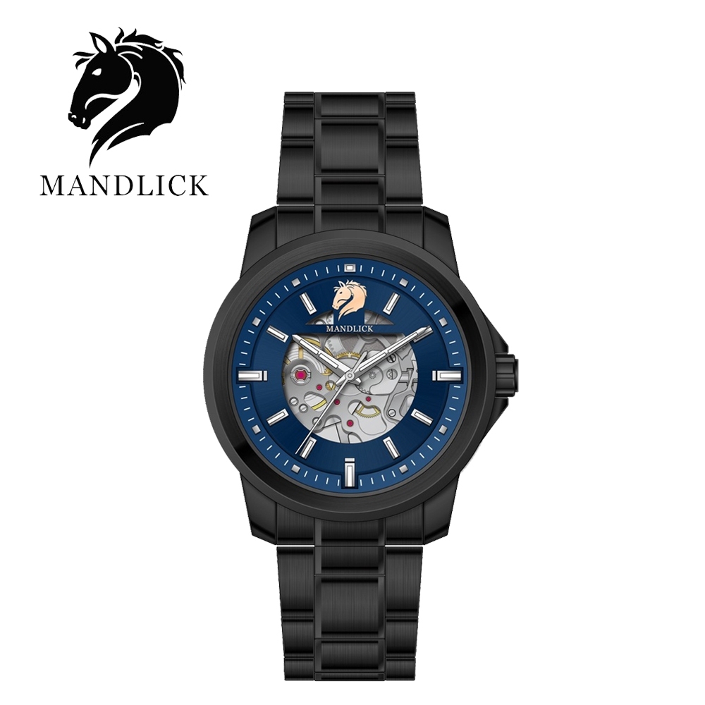 德國品牌 曼德利克MANDLICK 永恆系列簍空機械精鋼帶男士腕錶-黑藍