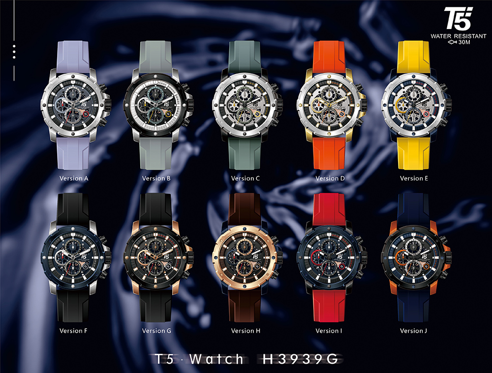 【T5】-H3939G-美國潮牌時尚流行表-大齒框飾螺絲磨砂錶殼/半簍空設計面板/真三眼石英-矽硅膠表帶手錶