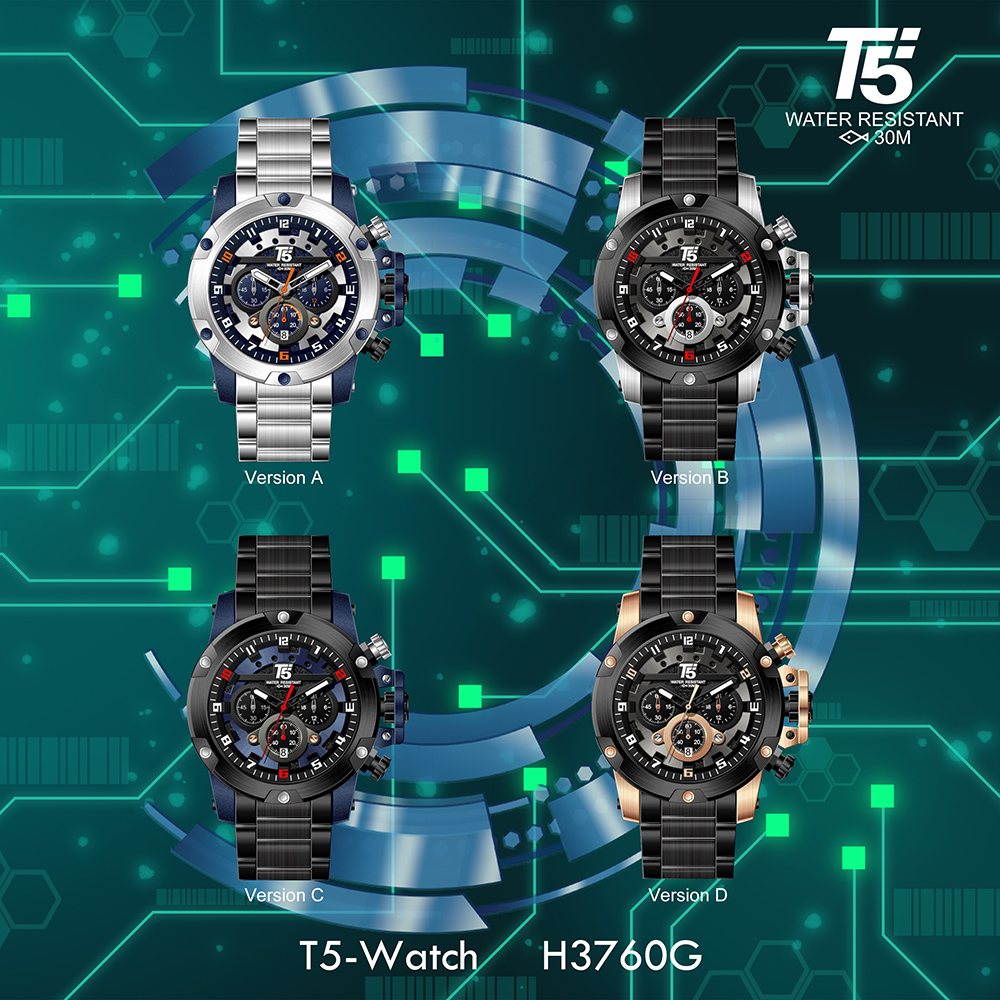 【T5】-H3760G-美國潮牌時尚流行表-六角螺絲裝飾錶殼/金屬造型面板/真三眼石英-不銹鋼表帶手錶