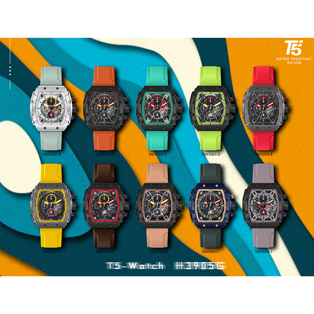 【T5】-H3905G-美國潮牌時尚流行表-早春繽紛限定色系/酒桶造型真三眼石英-矽硅膠表帶手錶