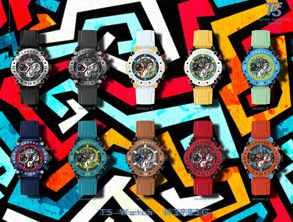 【T5】-H3983G-美國潮牌時尚流行表-春夏限定繽紛色彩殼飾4角螺絲厚框真三眼石英-矽硅膠表帶手錶
