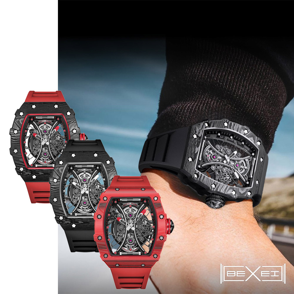 BEXEI 貝克斯 碳纖維雙面鏤空潮流時尚機械錶9030