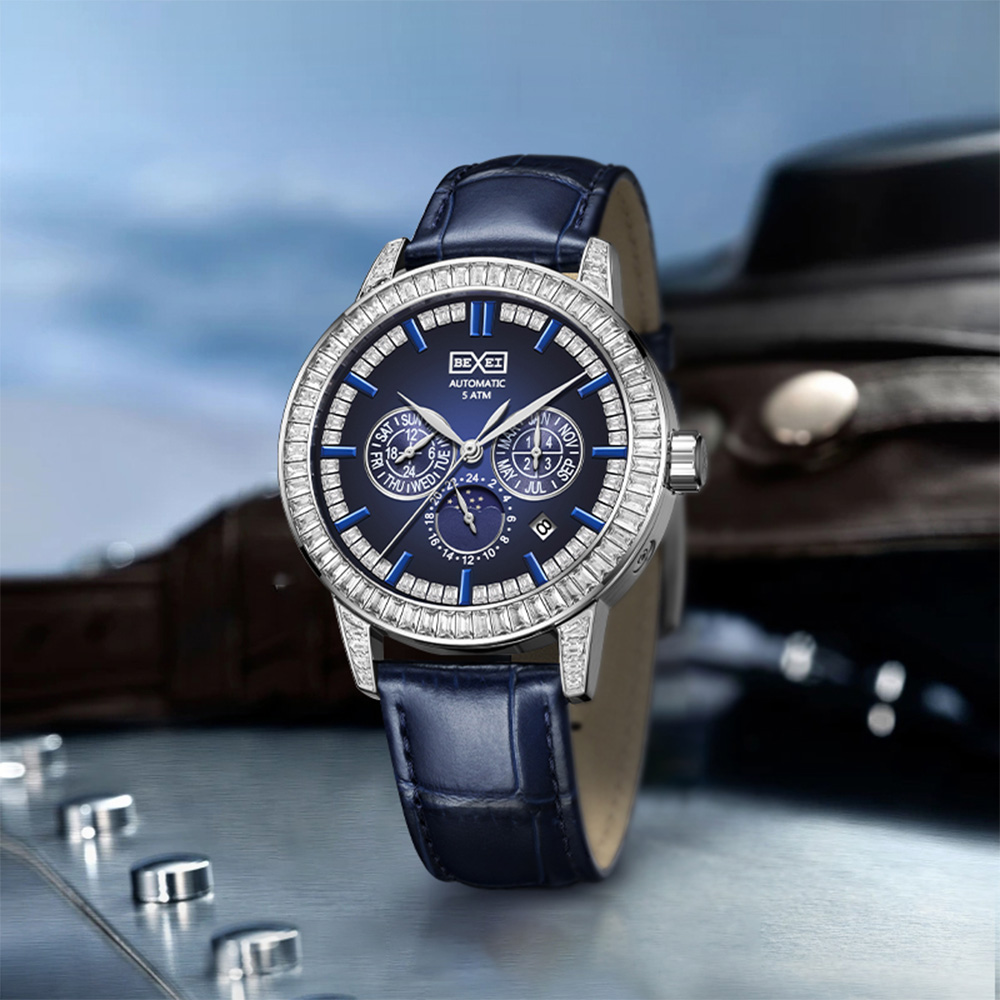 【BEXEI】 貝克斯 卓越方鑽鑲嵌錶圈皮革自動機械錶-9157