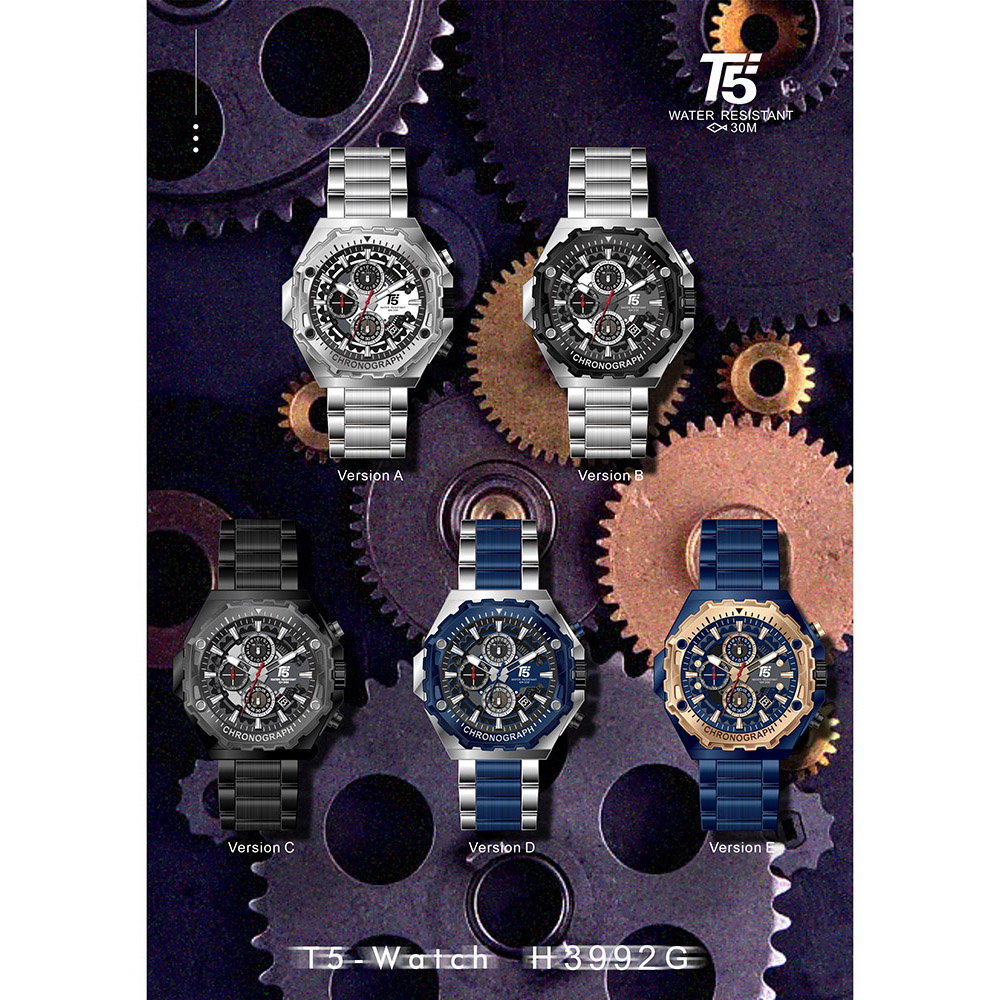 【T5】-H3992G-美國潮牌時尚流行表-八角型表殼齒輪圈框真三眼石英-不銹鋼表帶手錶