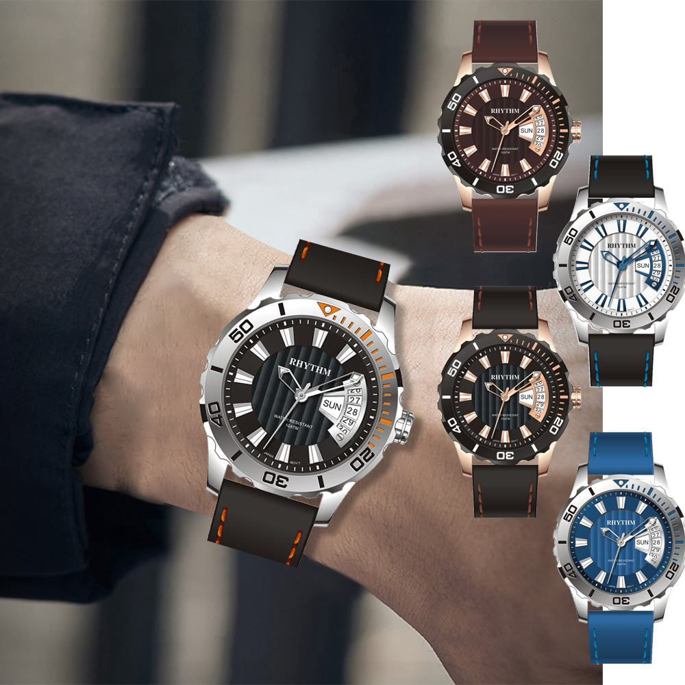 RHYTHM 麗聲 酷炫錶圈賽車風格日期顯示親膚橡膠錶帶手錶-TQ1701