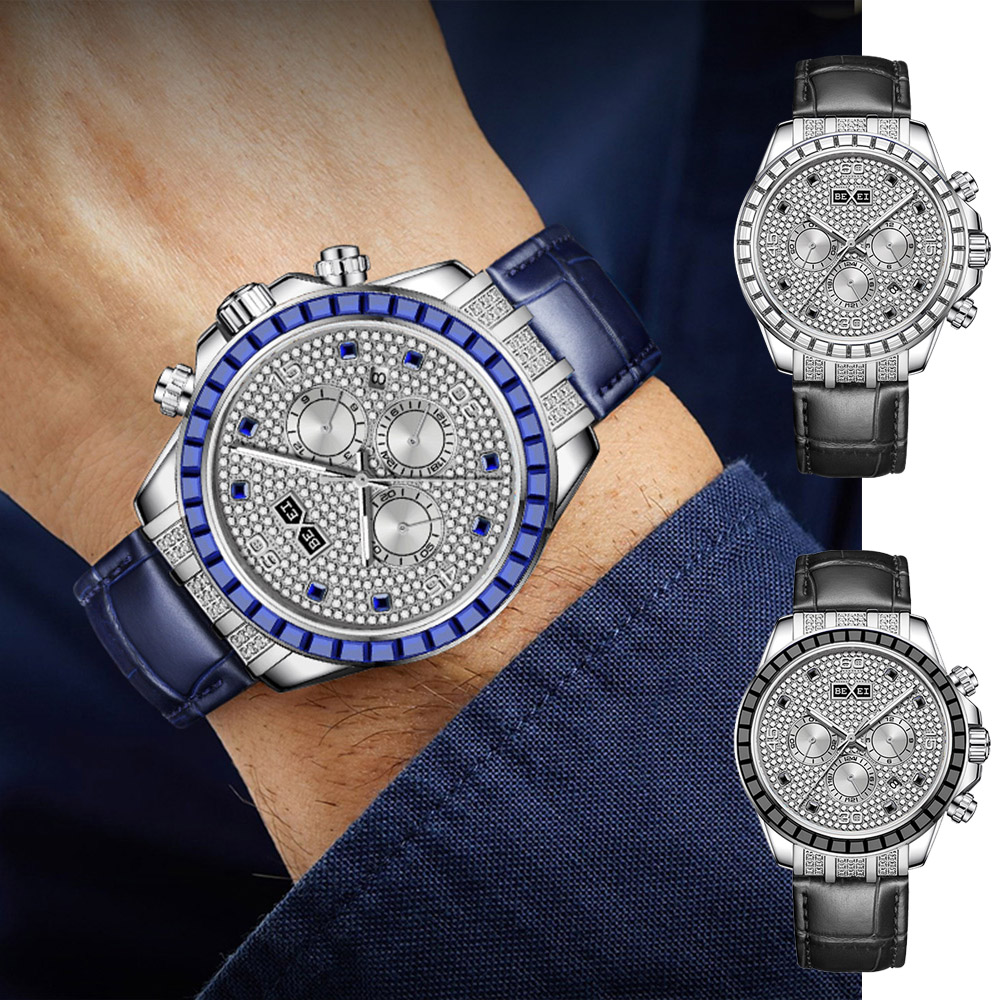 BEXEI 卓越方鑽鑲嵌閃亮錶圈皮革自動機械錶-9156
