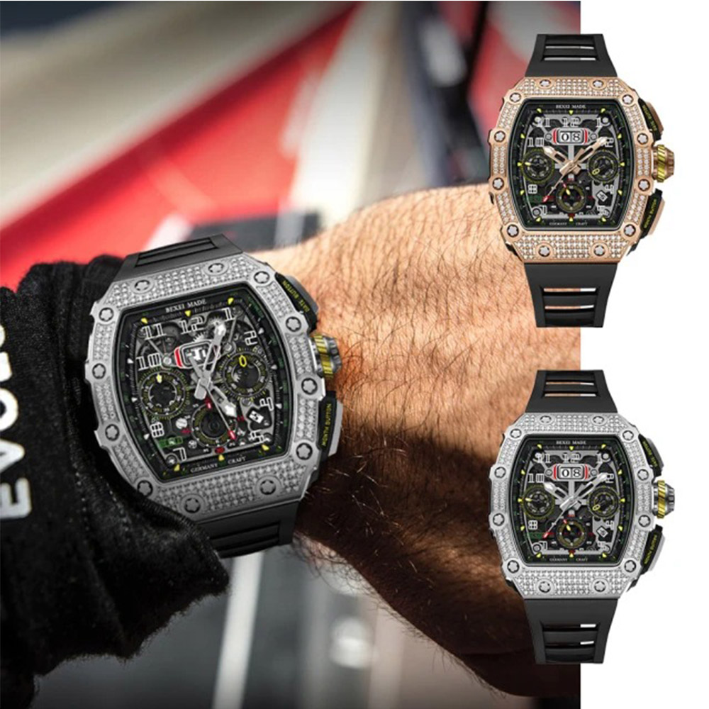 BEXEI 夜光三針三眼奢華鑽圈賽車錶冠自動機械錶-9032(三針三眼設計)