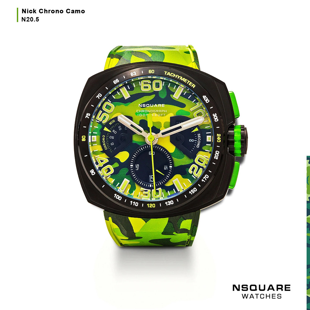 【NSQUARE】【愛時】NICK CHRONO CAMO迷彩系列 迷彩活力 黃綠橡膠運動風腕錶 計時三眼 G0369-N20.5