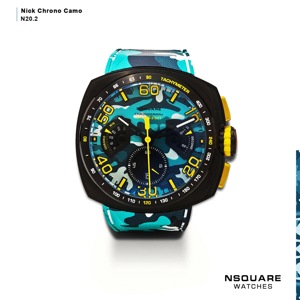 【NSQUARE】【愛時】NICK CHRONO CAMO迷彩系列 迷彩活力 潮水藍 橡膠運動風腕錶 G0369-N20.2