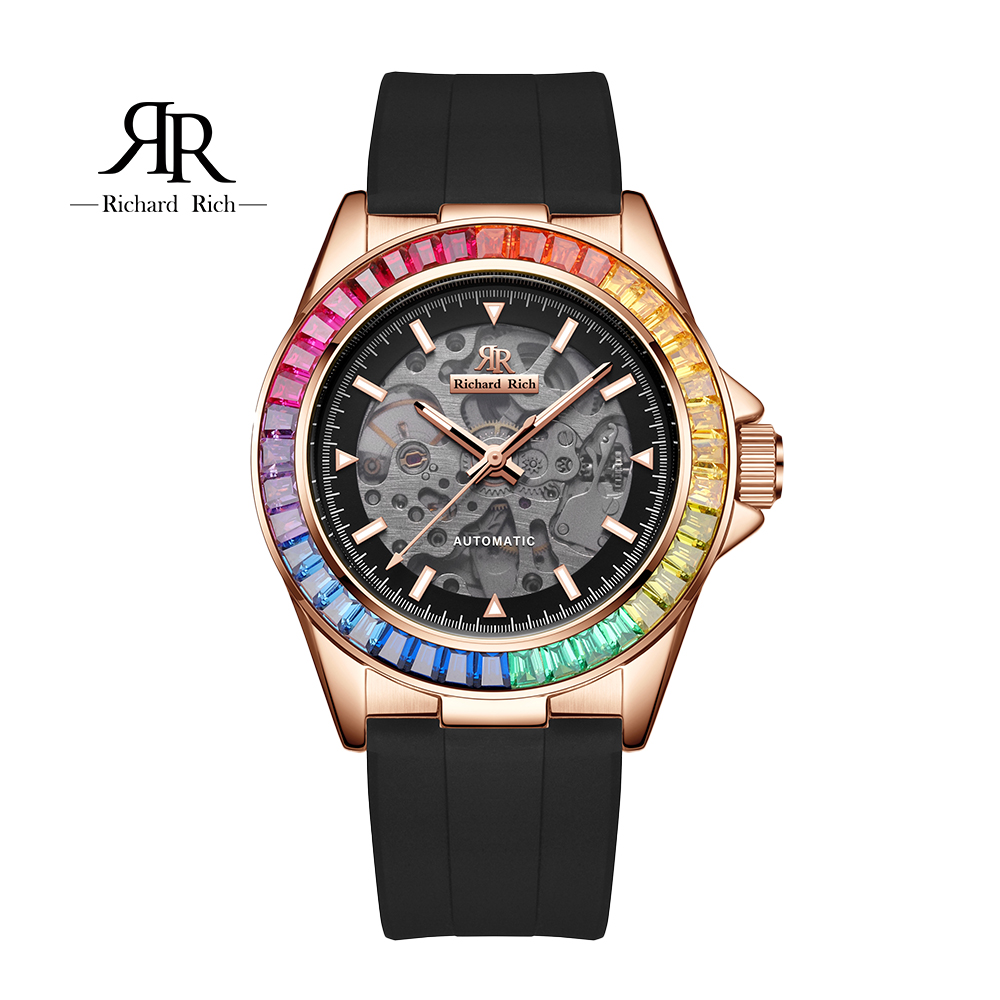 【Richard Rich】愛時 RR 海軍上將系列-玫金彩鑽圈縷空錶盤自動機械氟矽膠腕錶 RCR-18