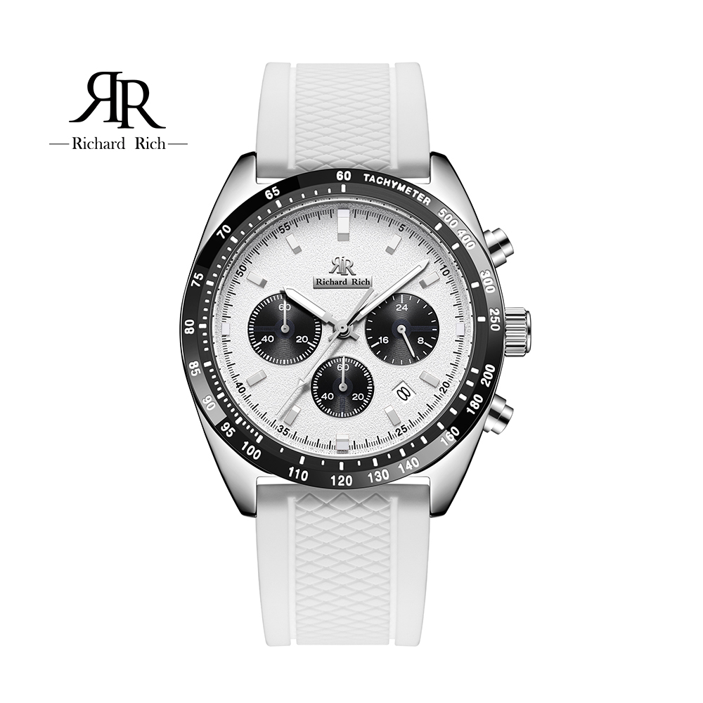 【Richard Rich】愛時 RR 星際霸主系列-銀殼白面三眼三針陶瓷圈隕石面矽膠腕錶 RCR-19